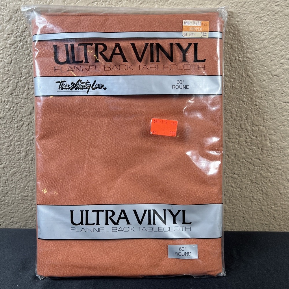 Vintage 1983 Town & Country Vinyl Flannel Tablecloth 60' Round‎ - Rust Color